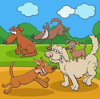 cartoon playful dogs and puppies characters in a park vector