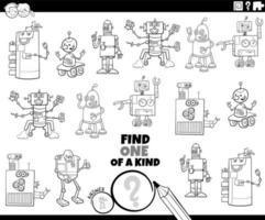 one of a kind task with cartoon robots coloring book page vector