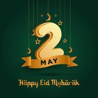 2 de mayo cartel o pancarta del día de eid al-fitr con decoración de luna y estrella sobre fondo verde esmeralda vector