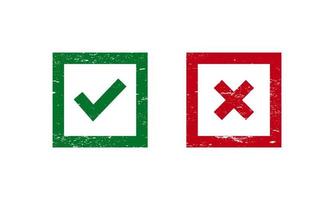 plantilla de sello grunge de marca de verificación. conjunto de iconos de marca de verificación verde y roja y gancho ok y x vector