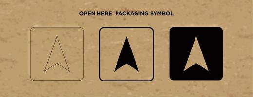 Open Here vector packaging symbol on vector cardboard background. Handling mark on craft paper background