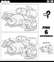 differences game with cartoon sleepy cats coloring book page vector