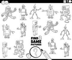 find two same cartoon robot characters task coloring book page vector