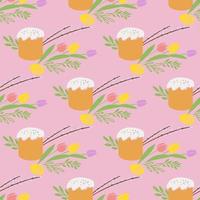 Seamless pattern with Easter illustration Easter cake, egg and spring flowers on pink background vector