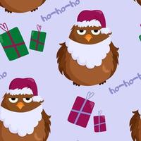 vector pattern with a grumpy sparrow in a Christmas hat and gifts