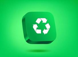 Green button with recycle pictogram on green background. 3d vector illustration
