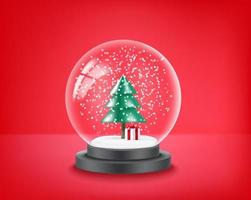 Transparent glass empty crystal ball with snow and christmas tree. 3d vector illustration with copy space