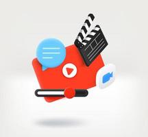 Making video project concept with clap, movie player, chat cloud and camera icon. 3d vector illustration