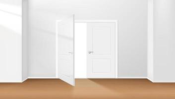 Bright interior with opened door and sunlight effect. Vector 3d illustration