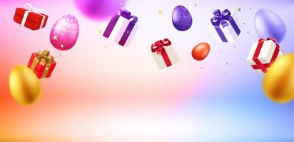 Gift boxes, confetti and eggs in levitation effect. Happy Easter greeting card with copy space. 3d vector illustration