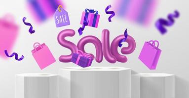 Season sale banner. Studio showcase with bags, boxes, tags and ribbons. 3d vector illustration