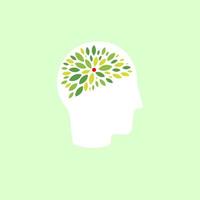 Green leaves brain, human head silhouette. Thinking process symbol, brain and neurons health, clean environment sign. Vector illustration.