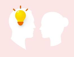 Man's head idea, male logic, inter-sex communication and understanding symbol. Male and female head silhouettes with Light bulb in head, vector logo and illustration.