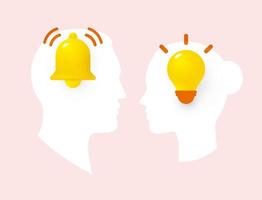 Heads silhouette of male and female with light bulb, idea symbol, and ringing bells, panic attack symbol. Vector illustration.