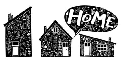 A set of three houses. Hand-drawn and hand-painted cute little houses. Stock illustration for books, flyers, print and websites