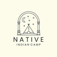campamento indio con insignia y diseño de plantilla de icono de logotipo de estilo de arte de línea. tipis, nativo, américa, luna, estrella, ilustración vectorial