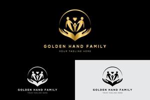 cuidado de dos manos con logotipo familiar en color dorado, ilustración vectorial en blanco y negro vector