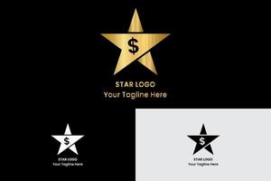 vector de logotipo de estrella dorada con icono de dólar en estilo elegante sobre fondo negro. vector de logotipo de estrella blanca con icono de dólar en estilo elegante sobre fondo negro. vector de logotipo de estrella negra con icono de dólar en