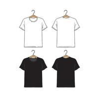 Set of blank hanging tshirt design template hand drawn vector illustration. Front and back sides. White and black male shirt on white background.