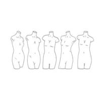 Hand drawn vector illustration of female table top mannequin set on white background.