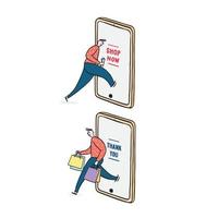 Hand drawn vector illustration of man using smart phone for online shopping.Man come out from mobile with shopping bag.