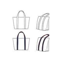 Hand drawn vector illustration of blank white with stripe straps tote bag on white background. Template fabric bag.canvas shopping bags.mock up.