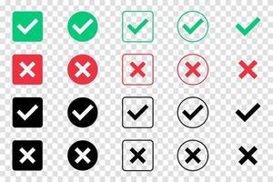 Green check mark and red cross mark icon set. Isolated tick symbols. Checklist signs. Approval badge. Flat and modern checkmark design. Vector illustration