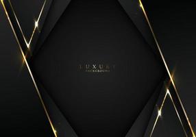 Banner web elegant 3D abstract black stripes shapes with lighting shiny golden diagonal lines on dark background vector