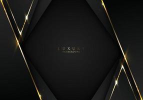 Banner web elegant 3D abstract black stripes shapes with lighting shiny golden diagonal lines on dark background vector