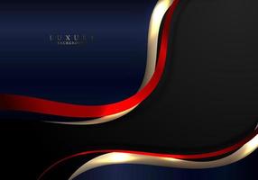 Abstract elegant gold, red and blue curved wave lines with shiny sparkling light on black background luxury style