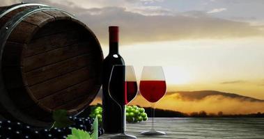 Red wine in clear glass, red grapes, green grapes, and wine fermentation tank On a table with a wooden floor or Tree bark. The background image was a morning mountain. Fog and morning sun.3D Rendering video