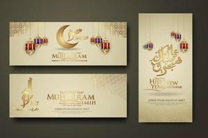 Luxurious Muharram calligraphy Islamic and happy new hijri year, set banner template vector