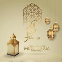 lujosa caligrafía muharram islámica y feliz año nuevo hijri, plantilla de tarjeta de felicitación vector
