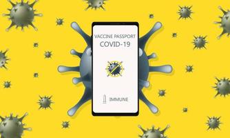 conciencia de la campaña de pasaportes de vacunas covid-19 para el control de epidemias en la aplicación de teléfonos inteligentes con concepto de prueba aprobado por inmunidad, fondo amarillo brillante. vector