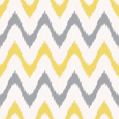 Ikat rounded zig zag or line wave shape seamless pattern random yellow grey color texture background. Use for fabric, textile, cover, upholstery, interior decoration elements.