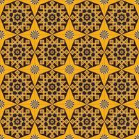 estrella geométrica islámica y forma de flor patrón sin costuras fondo de color dorado amarillo marrón. patrón de pareo batik. uso para telas, textiles, elementos de decoración de interiores, envoltura. vector