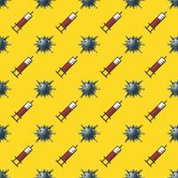 COVID-19 virus and vaccine syringe icon symbol seamless pattern on bright yellow background. Use for fabric, textile, cover, template, decoration element, wrapping. vector