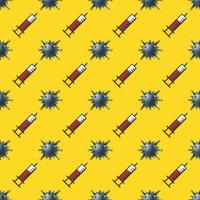 COVID-19 virus and vaccine syringe icon symbol seamless pattern on bright yellow background. Use for fabric, textile, cover, template, decoration element, wrapping. vector