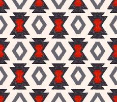 Ikat native aztec tribal rhombus geometric shape seamless background. Ethnic red-blue grey color pattern design. Use for fabric, textile, interior decoration elements, upholstery, wrapping. vector