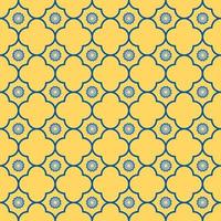Geometric shape and small star flower grid seamless pattern yellow blue color background. Simple Sino-Portuguese or Peranakan pattern. Use for fabric, textile, interior decoration elements. vector
