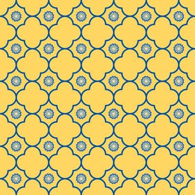 Geometric shape and small star flower grid seamless pattern yellow blue color background. Simple Sino-Portuguese or Peranakan pattern. Use for fabric, textile, interior decoration elements.