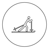 Skier black icon outline in circle image vector