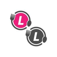 Fork and spoon icon circling letter L logo design vector