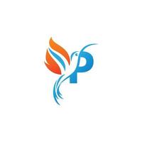 letra p combinada con el logotipo del icono del colibrí del ala de fuego vector