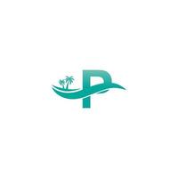 diseño de icono de onda de agua y árbol de coco con logotipo de letra p