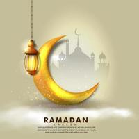 Ramadan kareem islamic greeting card crescent moon and mosque vector