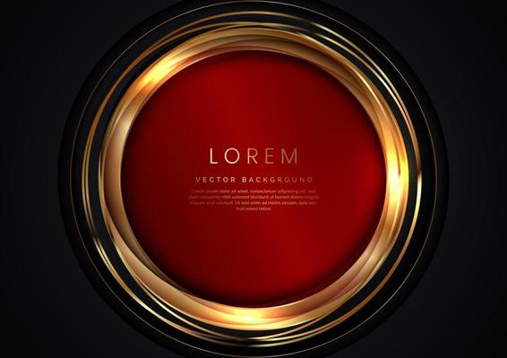 3D modern luxury template design red circle shape and golden circle line on black background.