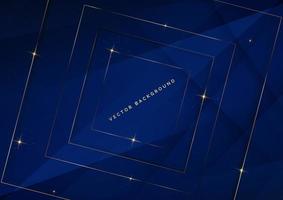 3D Dark blue luxury background with glowing golden square border lines with sparkles with copy space for text. vector