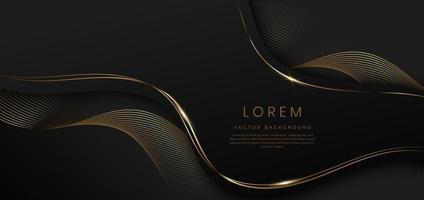 Abstract 3d black background with gold lines curved wavy sparkle with copy space for text. Luxury style template design. vector