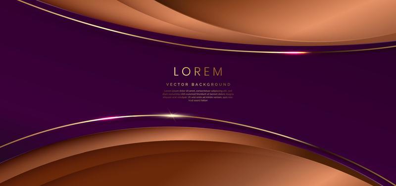 Abstract elegant template violet curve shape on brownbackground with gold lines curved wavy sparkle with copy space for text.